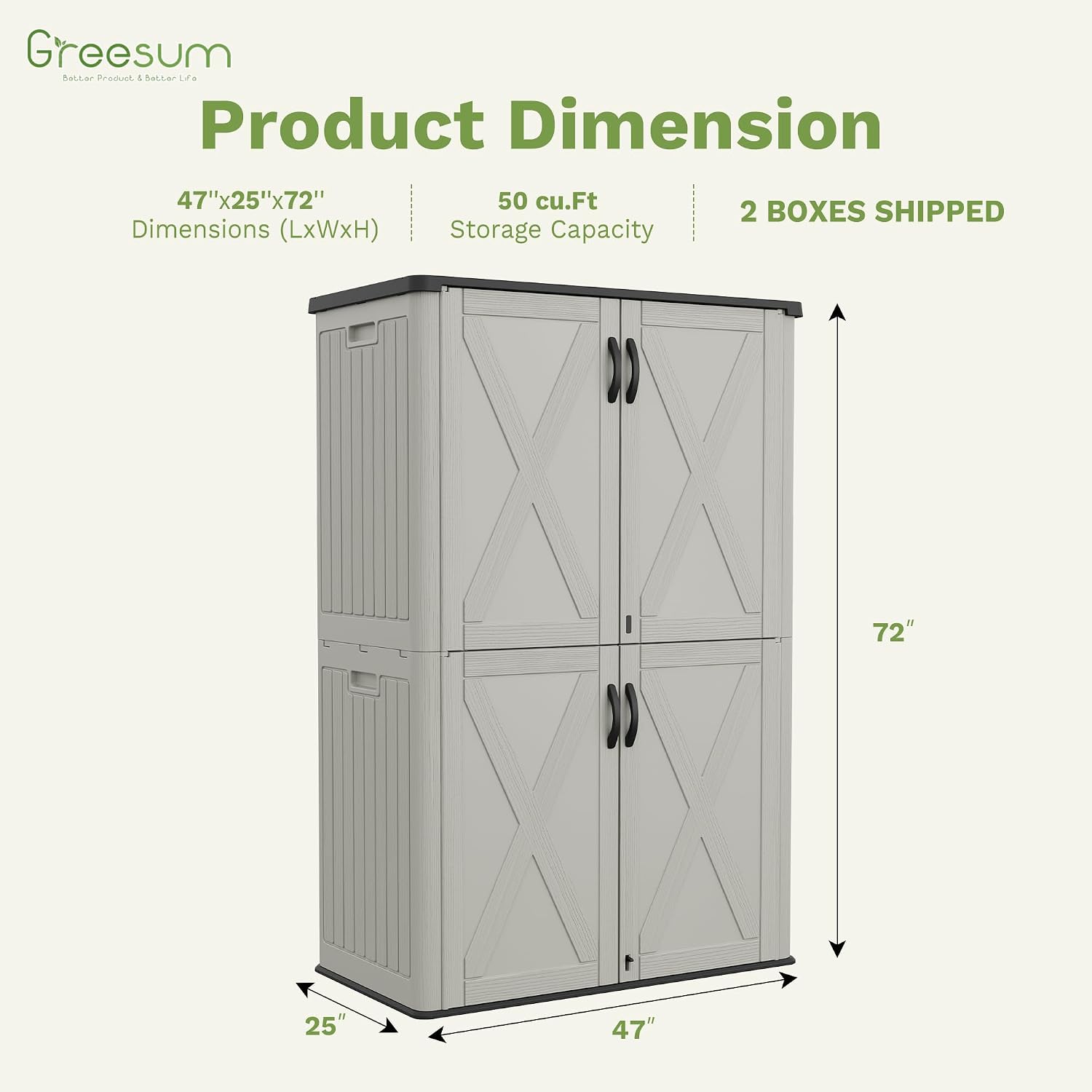 Greesum Outdoor Storage Cabinet, 50 CUFT Deck Box Without Shelves, Waterproof Plastic Storage Shed for Patio Cushions, Gardening Tools, Lockable and Sidehandles, UV Resistant, Beige