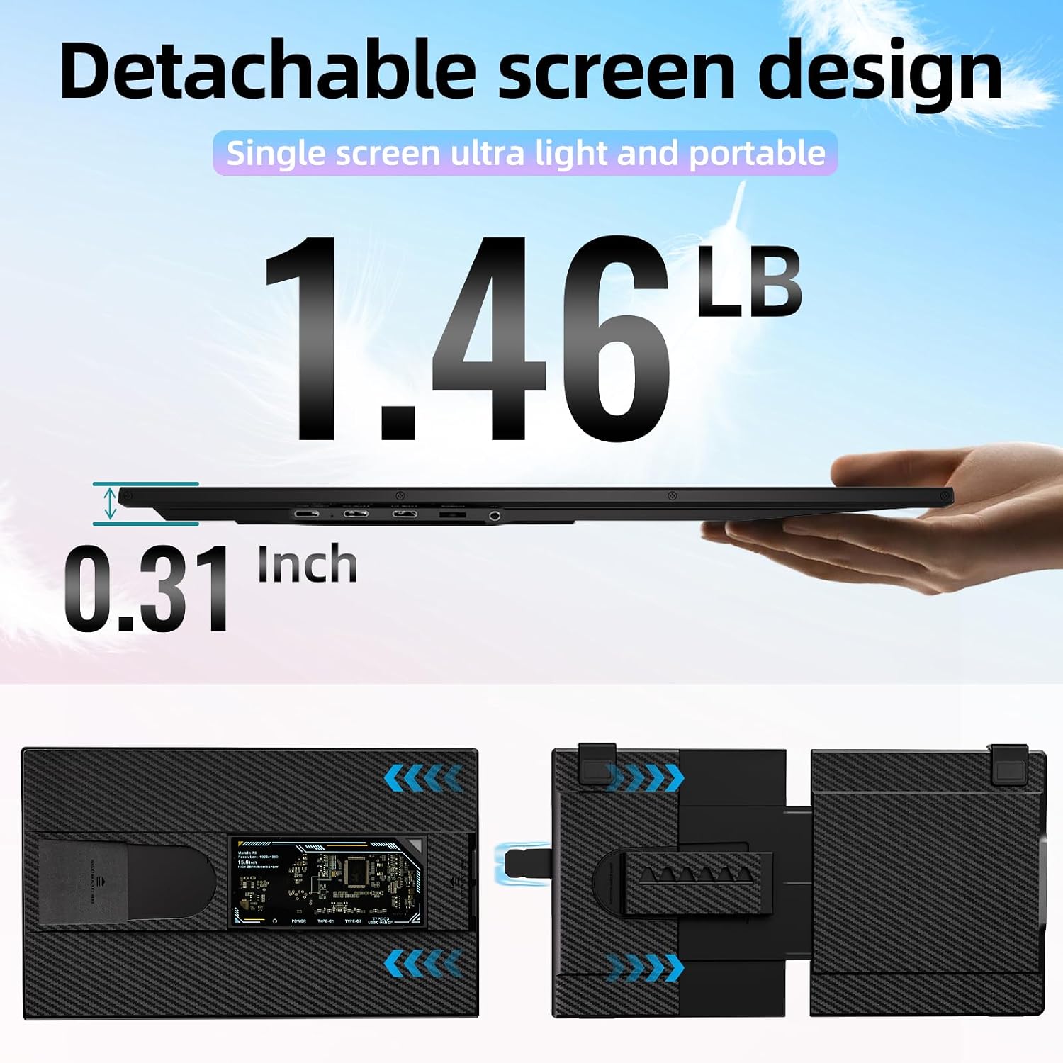 Laptop Screen Extender Dual Monitor - 15.6' Portable Monitor Detachable IPS 1080P FHD 85% NTSC Travel Screen USB-C HDMI Port Compatible with Wins Mac Chrome Dex Fits 13-17' Laptops