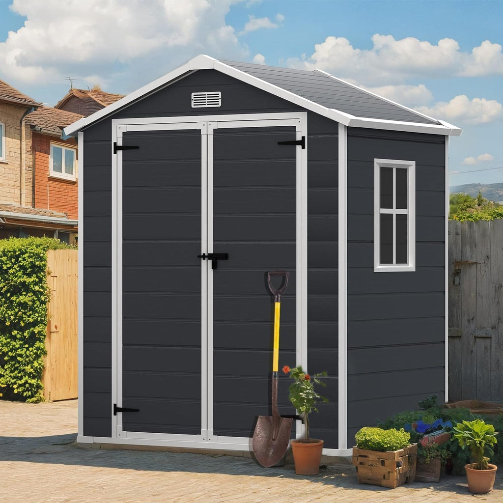 Outdoor Storage Shed 6 x 4.4 FT, Heavy-Duty Resin Tool Shed with Reinforced Floor, Lockable Door & Vent, Weather-Resistant Garden Shed for Lawn Equipment & Bikes (Black)