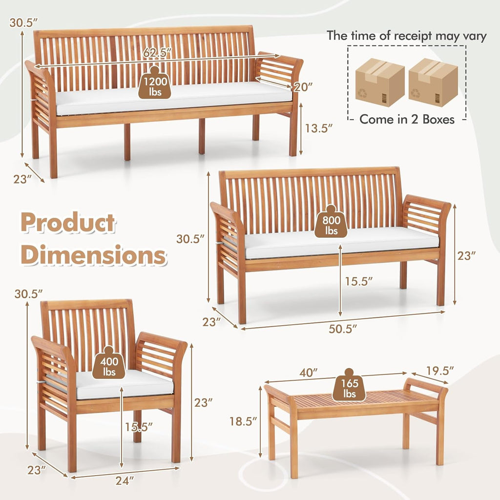 Tangkula 5 Pieces Acacia Wood Patio Furniture Set, Wood Outdoor Conversation Set with 3-Seat Bench, Loveseat, 2 Armchairs & Coffee Table, Cushioned Outdoor Sofa Set for Poolside, Porch, Balcony