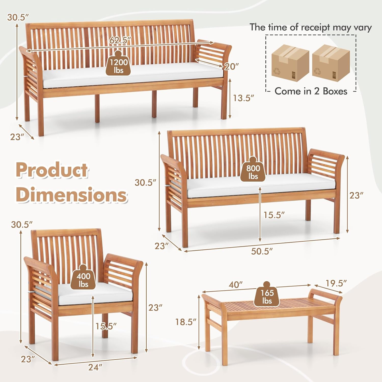 Tangkula 5 Pieces Acacia Wood Patio Furniture Set, Wood Outdoor Conversation Set with 3-Seat Bench, Loveseat, 2 Armchairs & Coffee Table, Cushioned Outdoor Sofa Set for Poolside, Porch, Balcony
