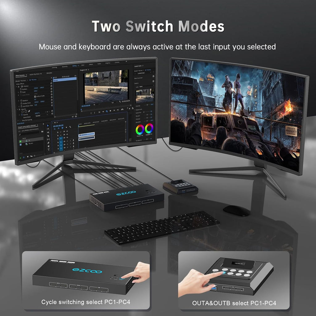 4K@60Hz HDMI 2.0 KVM Switch 4x1 for 4PC Share 2 Displays and 4 USB 3.0 Ports SPDIF L/R Audio,Copy/Extended Mod compatibile with Windows, Unix and Mac OS X