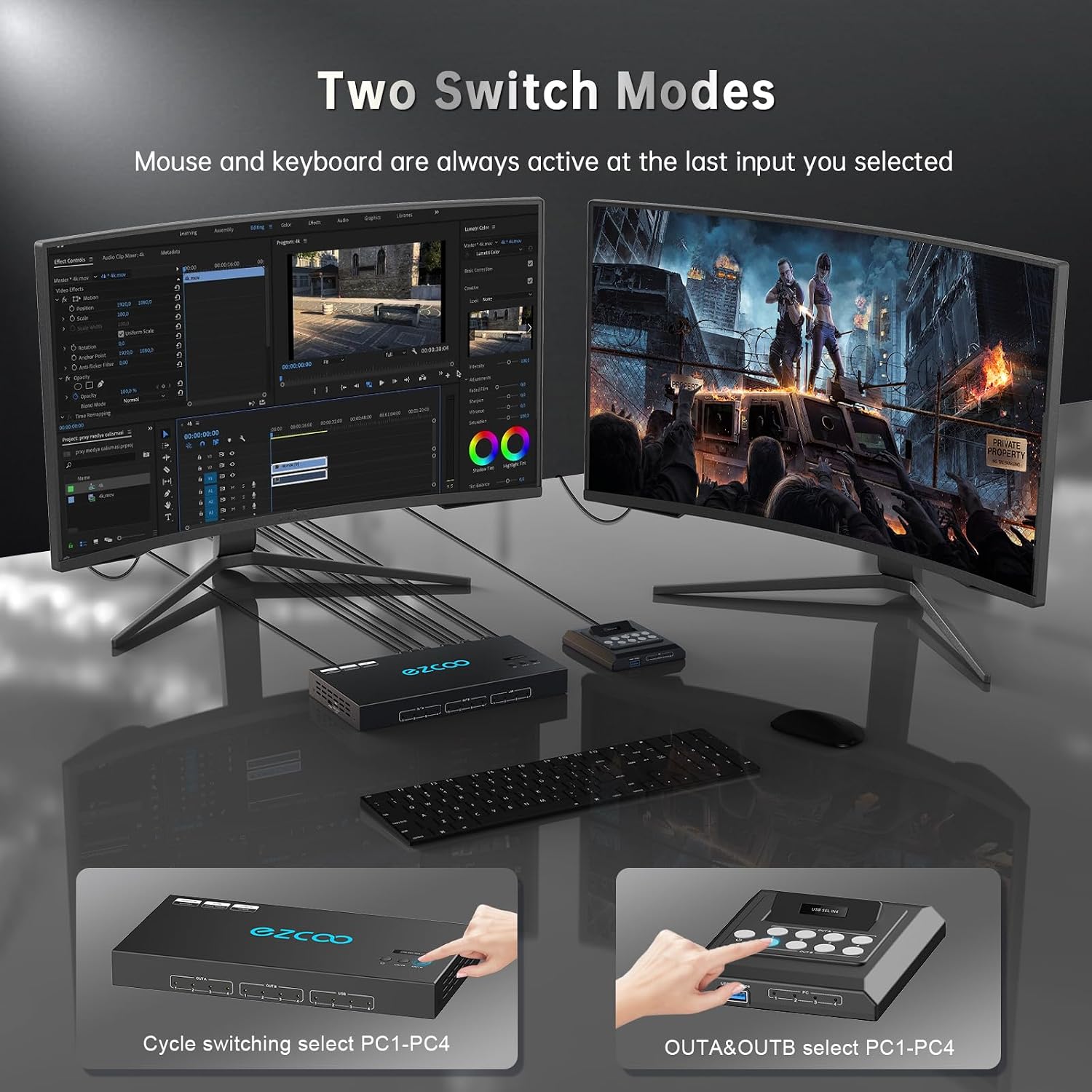 4K@60Hz HDMI 2.0 KVM Switch 4x1 for 4PC Share 2 Displays and 4 USB 3.0 Ports SPDIF L/R Audio,Copy/Extended Mod compatibile with Windows, Unix and Mac OS X
