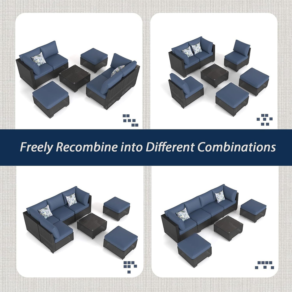 AECOJOY 7 Piece Outdoor Patio Furniture Set, Outdoor Sectional Conversation Furniture Chair with Coffee Table, Patio Sectional for Backyard, Garden(Navy Cushions and Black Rattan)