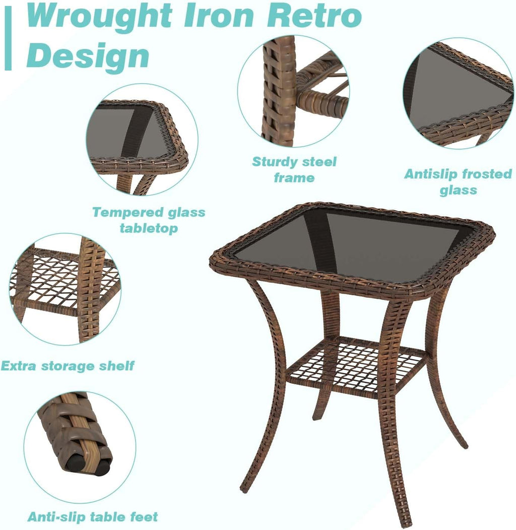 MELLCOM 3 Pieces Patio Furniture Set, Outdoor Swivel Rocker Patio Chairs, Wicker Patio Bistro Set with Rocking Chair, Thickened Cushions and Glass Coffee Table for Backyard, Garden, Peacock Blue