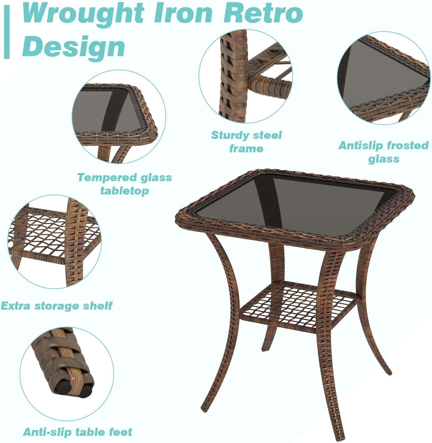 MELLCOM 3 Pieces Patio Furniture Set, Outdoor Swivel Rocker Patio Chairs, Wicker Patio Bistro Set with Rocking Chair, Thickened Cushions and Glass Coffee Table for Backyard, Garden, Peacock Blue