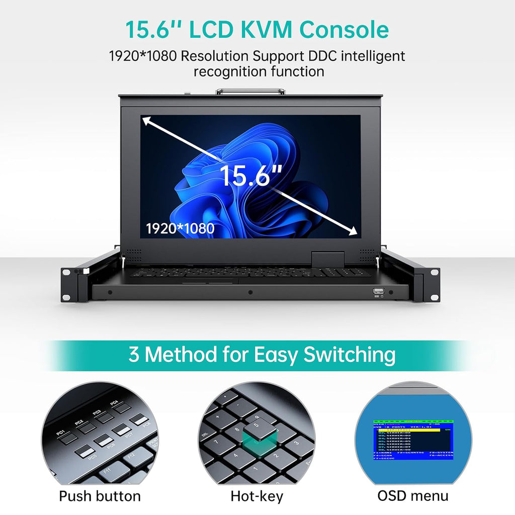 MT-VIKI Rack Mount KVM w/15.6' LCD Monitor, 8 Port VGA KVM Switch, 1080@60Hz 1U Integrated Monitor Keyboard, Fits 18.9' to 31.5' Deep Racks (480-800mm), Included 8 Cables for Server Room, Data Center