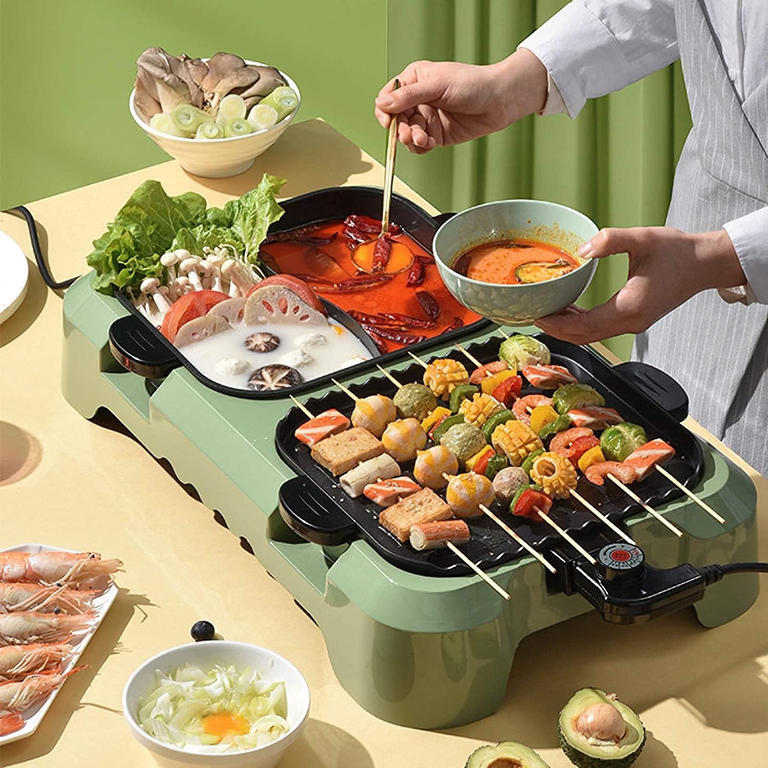 Electric Grill And Hot Pot,Fast Heat Hot Pot,Smokeless BBQ Grill Non-Stick Pan,Separate Dual Temperature Control,for 2-12 People,Red (Color : Green)