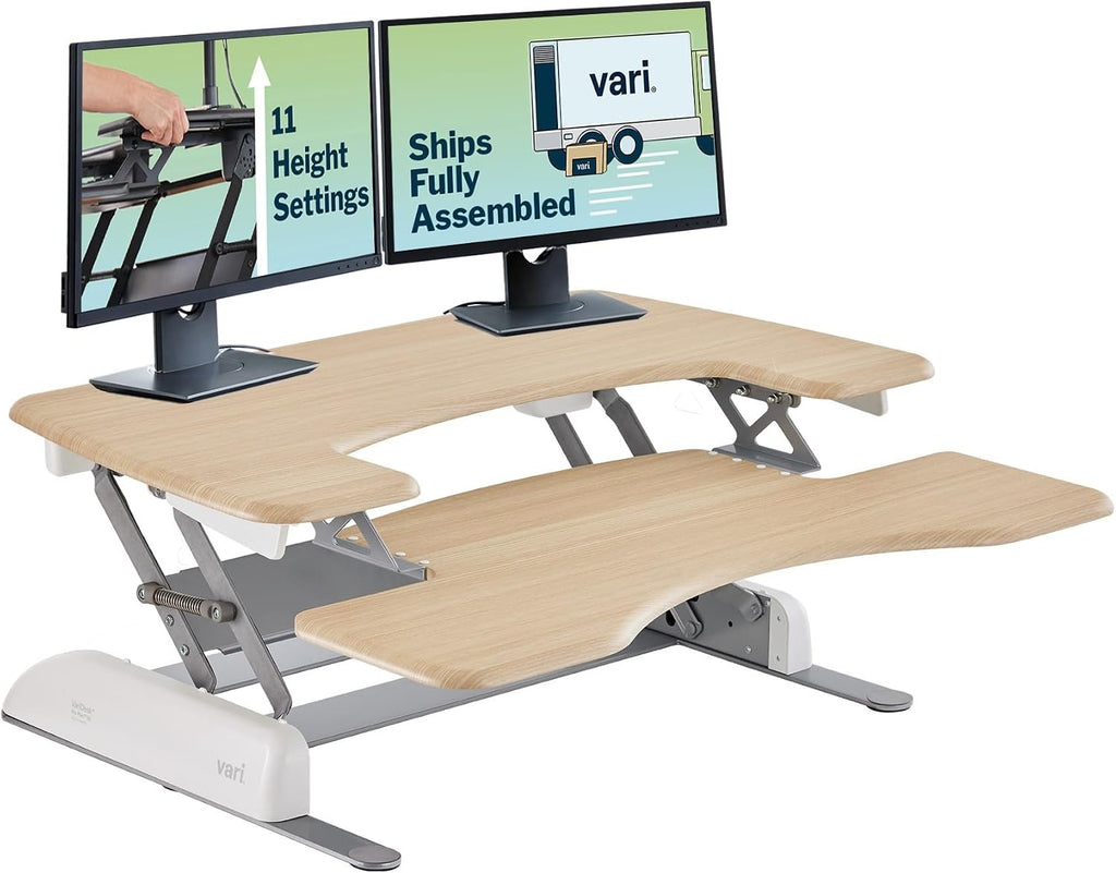 Vari VariDesk Pro Plus 36 Standing Desk Converter – 11 Height Settings + Spring Lift, 2 Tier Design, Keyboard Tray, Fits Desktops 36' Wide x 26.5' Deep – Delivers Fully Assembled (Light Wood)