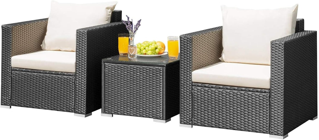 HAPPYGRILL 3 Pieces Rattan Patio Furniture Set, PE Wicker Patio Conversation Set with Coffee Table and Cushions, Outdoor Sofa Set for Garden Balcony Porch Poolside