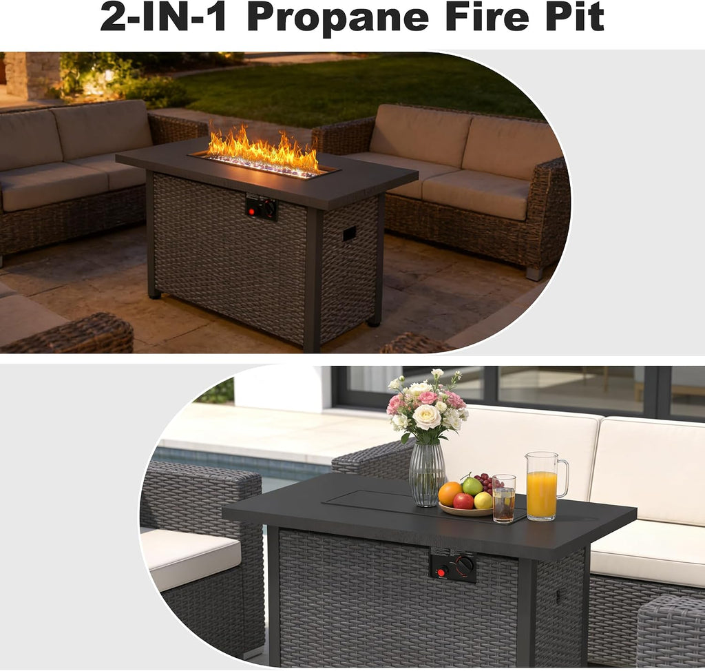 Patio Furniture Set with Fire Pit Table, 7PCS Outdoor Conversation Sets Waterproof Rattan Sectional Sofa with 4' Thickened Cushion Modular Wicker Patio Furniture Set with Glass Top Table (Grey)