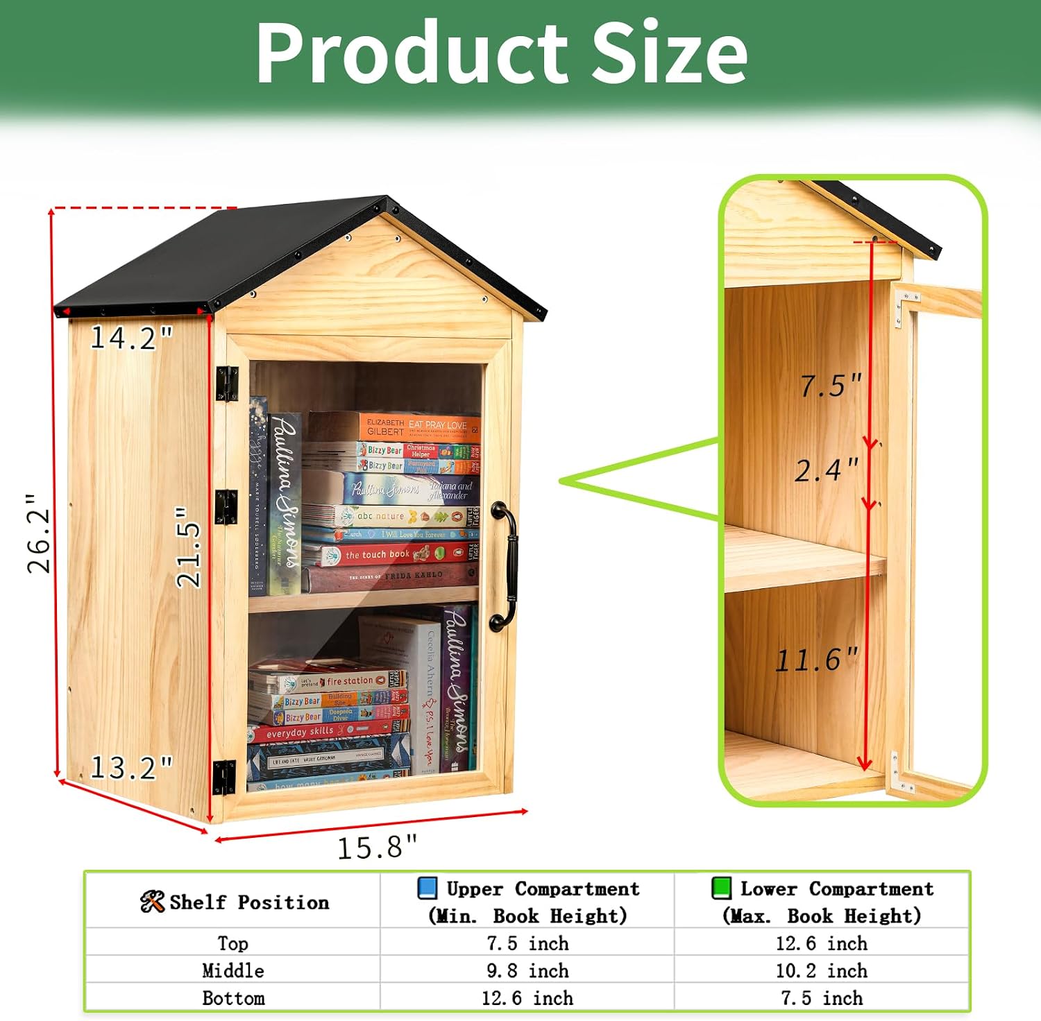 Little Library Box Outdoor, 2-Tier Waterproof Book Exchange Cabinet – Solid Wood with Adjustable Shelves, Rust-Resistant Hardware for Community, Schools and Neighborhoods to Promote Reading & Sharing