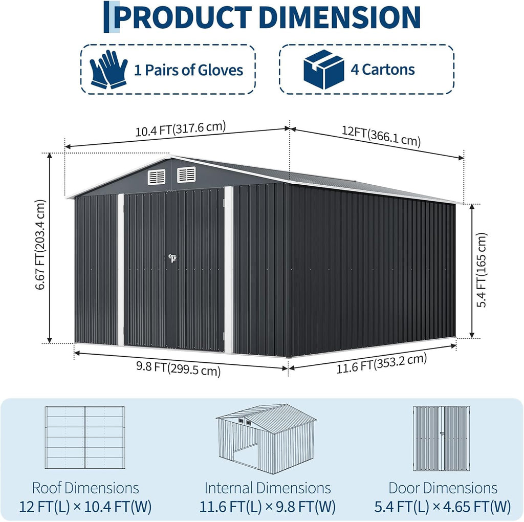 GarveeLife 12 X 10 ft Outdoor Storage Shed, Metal Garden Sheds & Outdoor Storage with Updated Frame Structure, Backyard Garden Terrace Tool Shed for Backyard, Lawn, Patio, Bike Storage, Gray