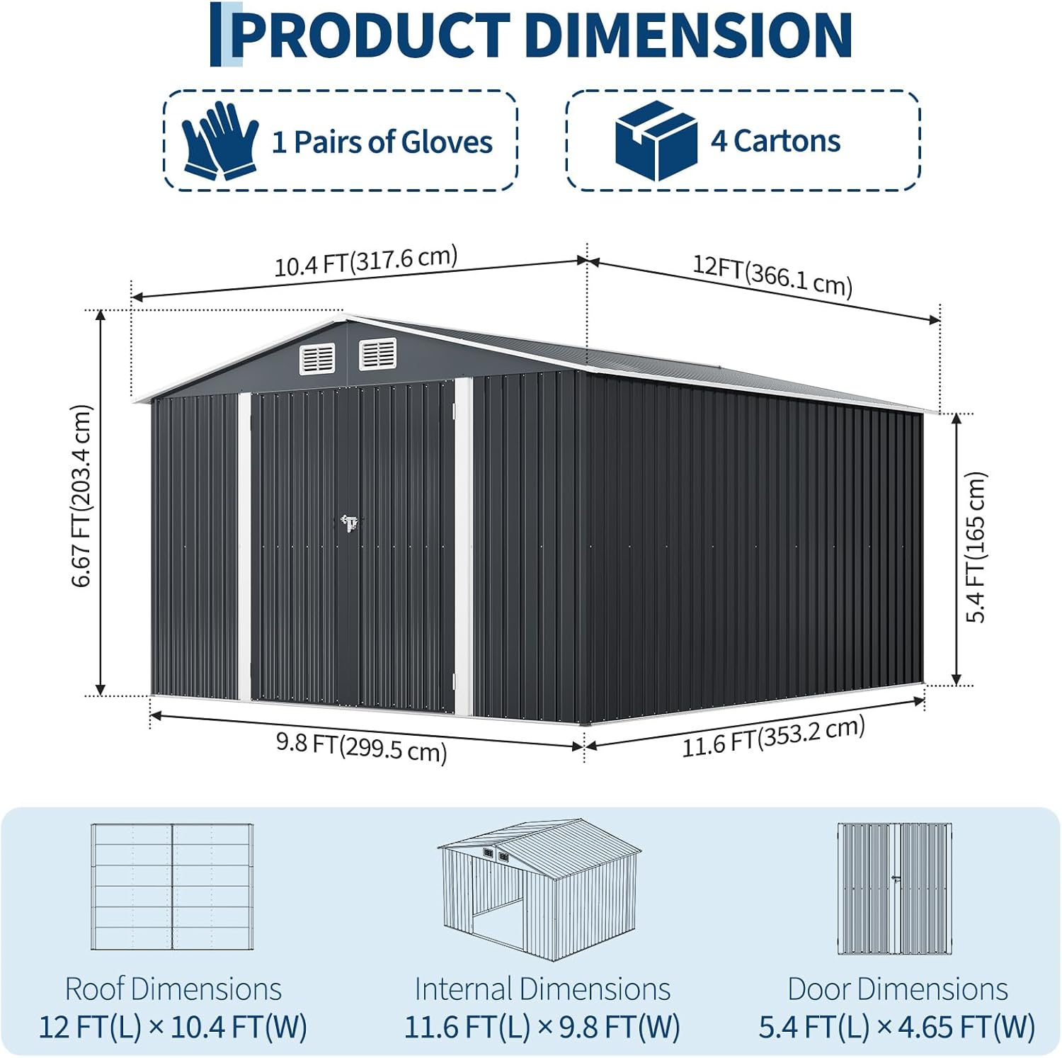 GarveeLife 12 X 10 ft Outdoor Storage Shed, Metal Garden Sheds & Outdoor Storage with Updated Frame Structure, Backyard Garden Terrace Tool Shed for Backyard, Lawn, Patio, Bike Storage, Gray