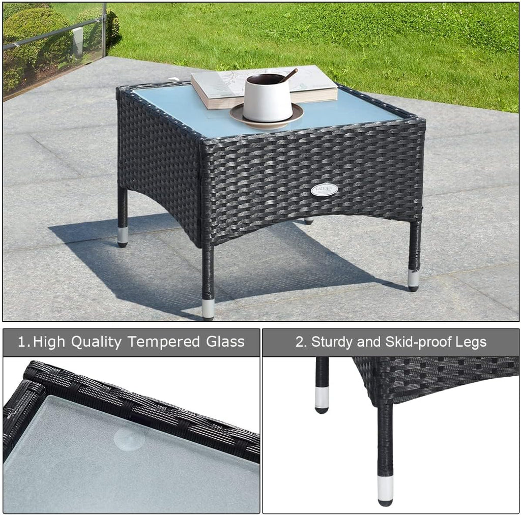 HAPPYGRILL 3 Pieces Patio Furniture Conversation Set, Outdoor Rattan Wicker Bistro Set with Glass Coffee Table & Soft Cushions for Balcony Garden Poolside