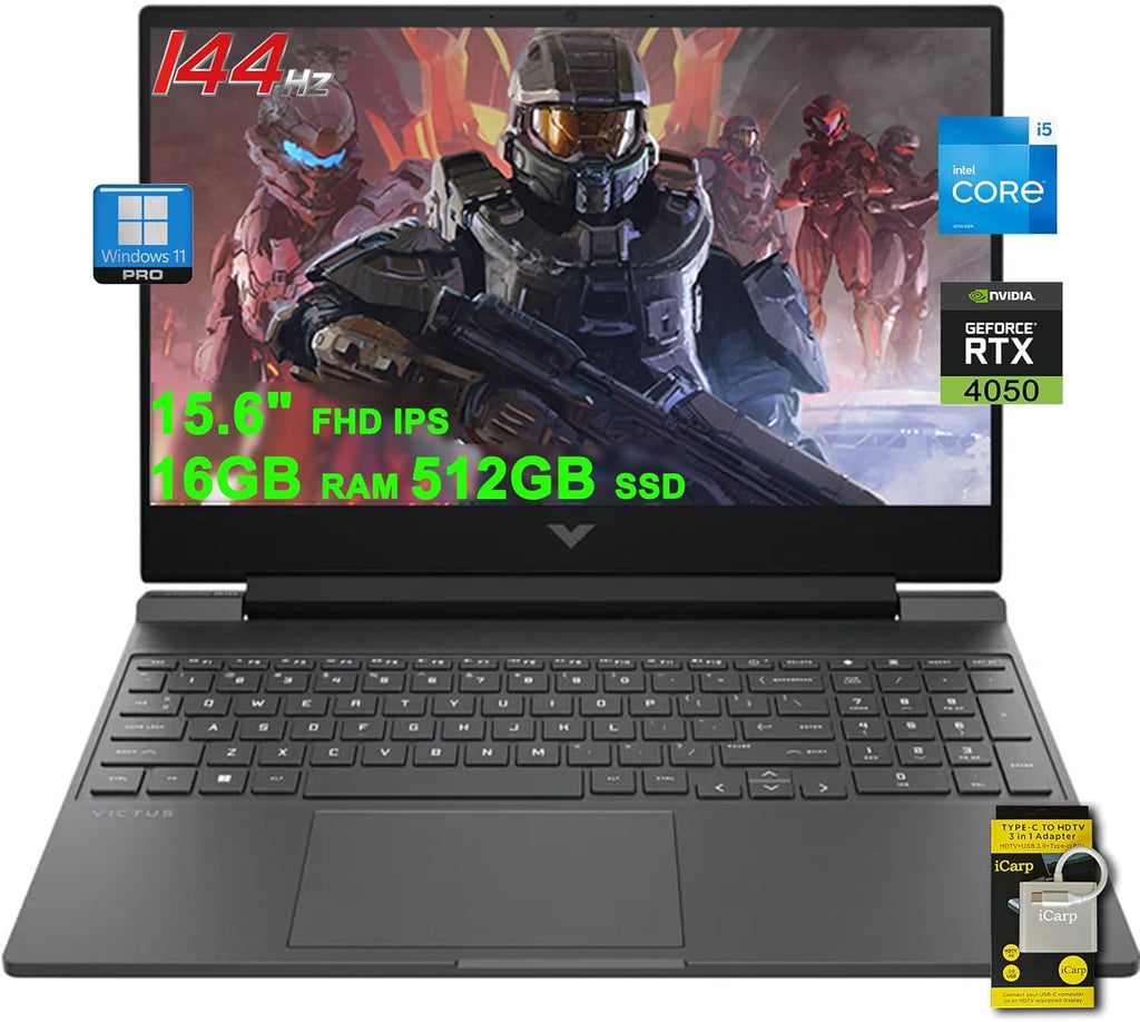 HP Victus Gaming Laptop 15.6' FHD IPS 144Hz Intel 8-core i5-13420H (>i7-12650H) 16GB RAM 512GB SSD GeForce RTX 4050 6GB Backlit Type-C B&O Fast Charge Win11Pro ICP Accessory