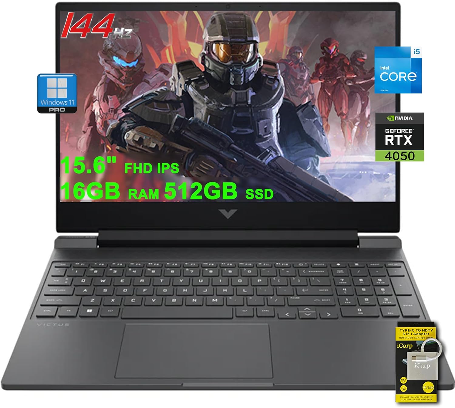 HP Victus Gaming Laptop 15.6' FHD IPS 144Hz Intel 8-core i5-13420H (>i7-12650H) 16GB RAM 512GB SSD GeForce RTX 4050 6GB Backlit Type-C B&O Fast Charge Win11Pro ICP Accessory