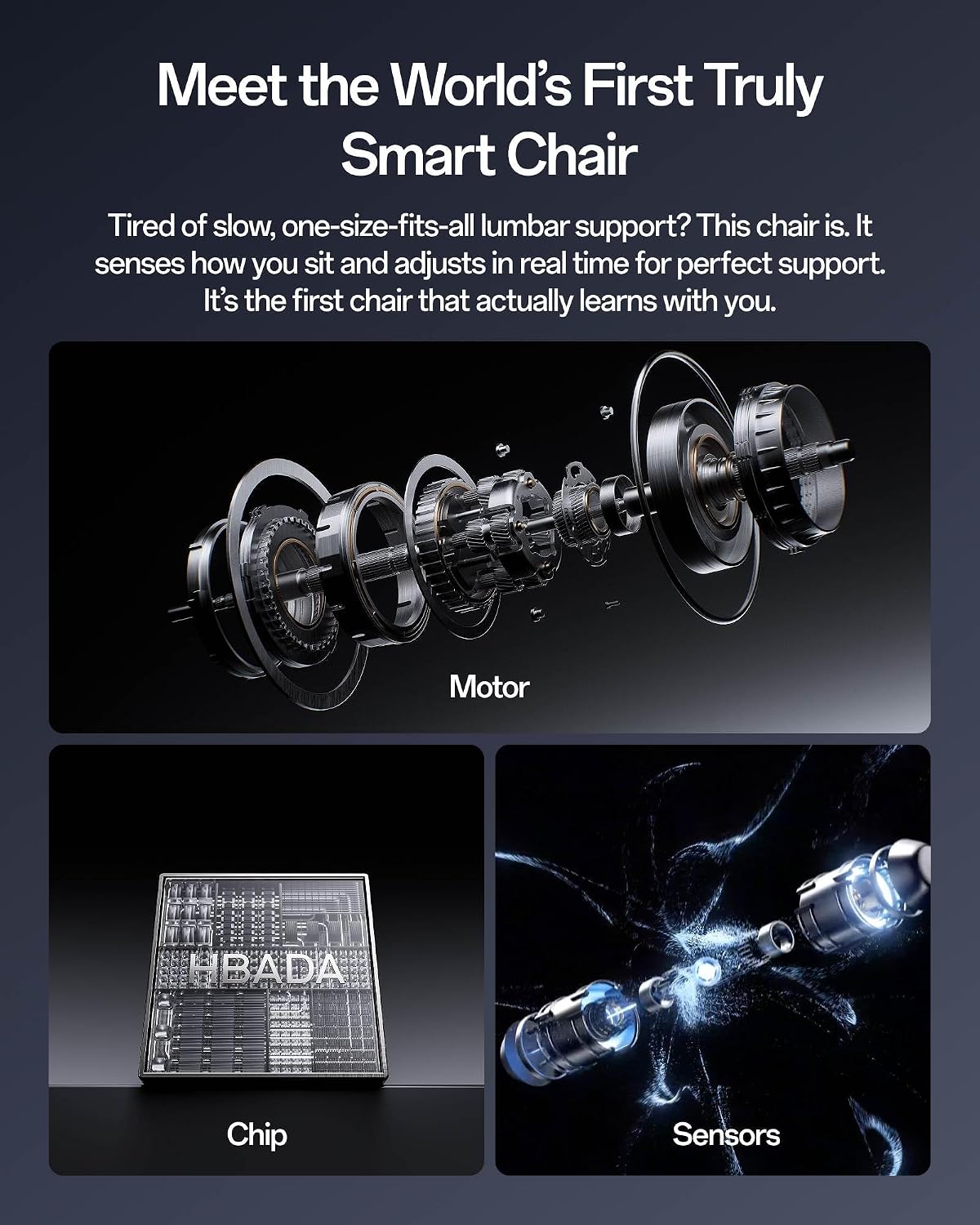 Hbada X7 Smart Ergonomic Chair, Ergonomic Office Chair, Fully Automated Lumbar Tracking, 4D Adjustable Headrest, 720° Adjustable Armrests, Ventilated Seat Cushion, Black