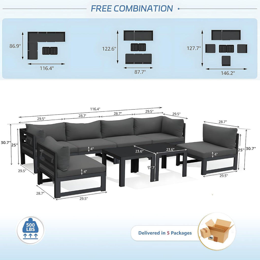 NICESOUL 8 Piece Modern Aluminum Patio Furniture Set Deep Seated, Extra Wide Modular Outdoor Sectional for 6 People, 500 lbs Heavy Duty L-Shaped Oversized Sofa Couch for Outside Backyard, Ember Black