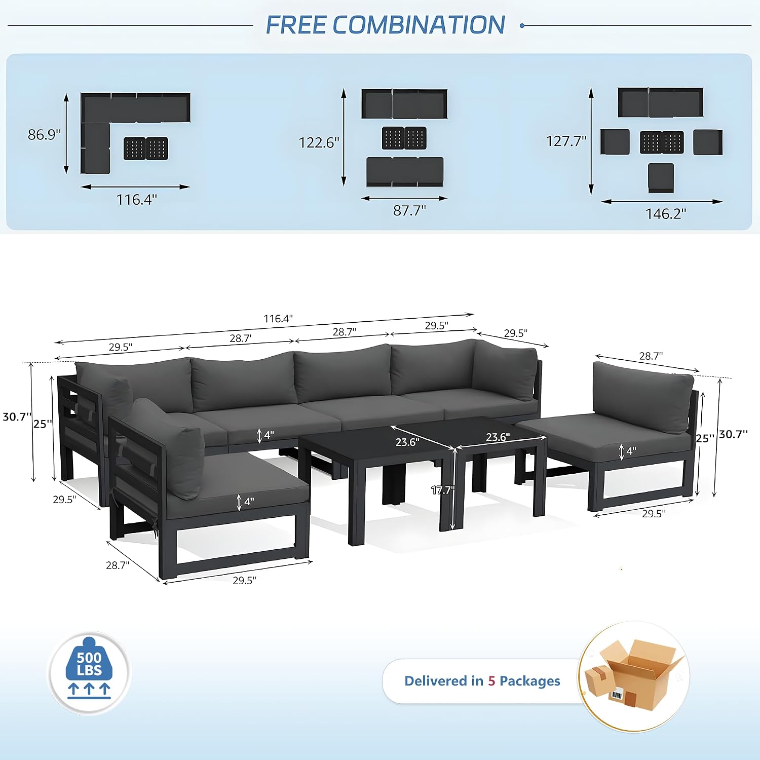 NICESOUL 8 Piece Modern Aluminum Patio Furniture Set Deep Seated, Extra Wide Modular Outdoor Sectional for 6 People, 500 lbs Heavy Duty L-Shaped Oversized Sofa Couch for Outside Backyard, Ember Black