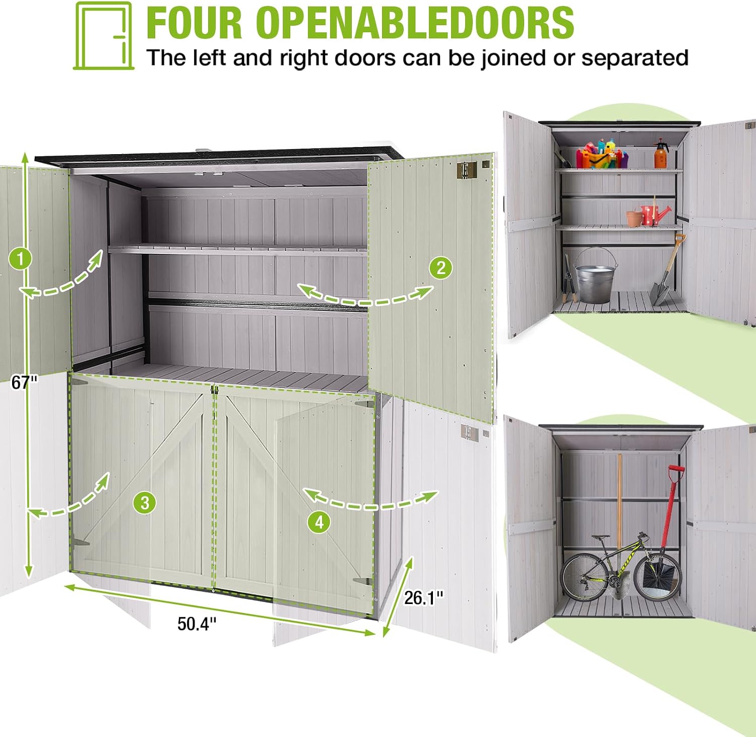 GUTINNEEN Outdoor Storage Cabinet Durable Metal Frame and Solid Wood Vertical Tool Shed with 3 Adjustable Height Shelves and Bottom Floor for Patio, Garden, Backyard, 55' L x 29' W x 67' H