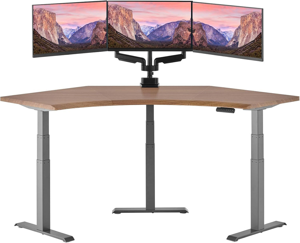 Vari Command Center Electric Standing Desk – 120° Curved Sit-Stand Gaming Desk Corner Workstation for Triple Monitors + Sloped Front Edge, 4 Height Settings, 200 lb Capacity (Walnut Top/Slate Legs)