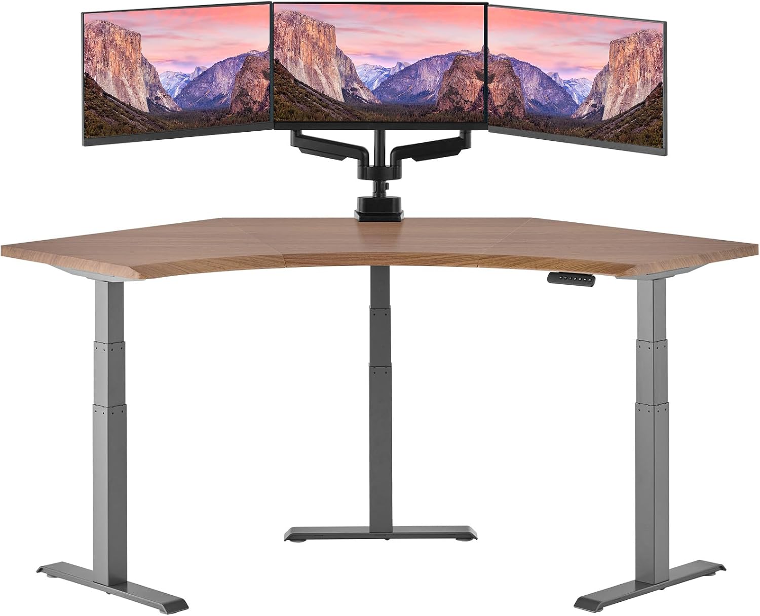 Vari Command Center Electric Standing Desk – 120° Curved Sit-Stand Gaming Desk Corner Workstation for Triple Monitors + Sloped Front Edge, 4 Height Settings, 200 lb Capacity (Walnut Top/Slate Legs)
