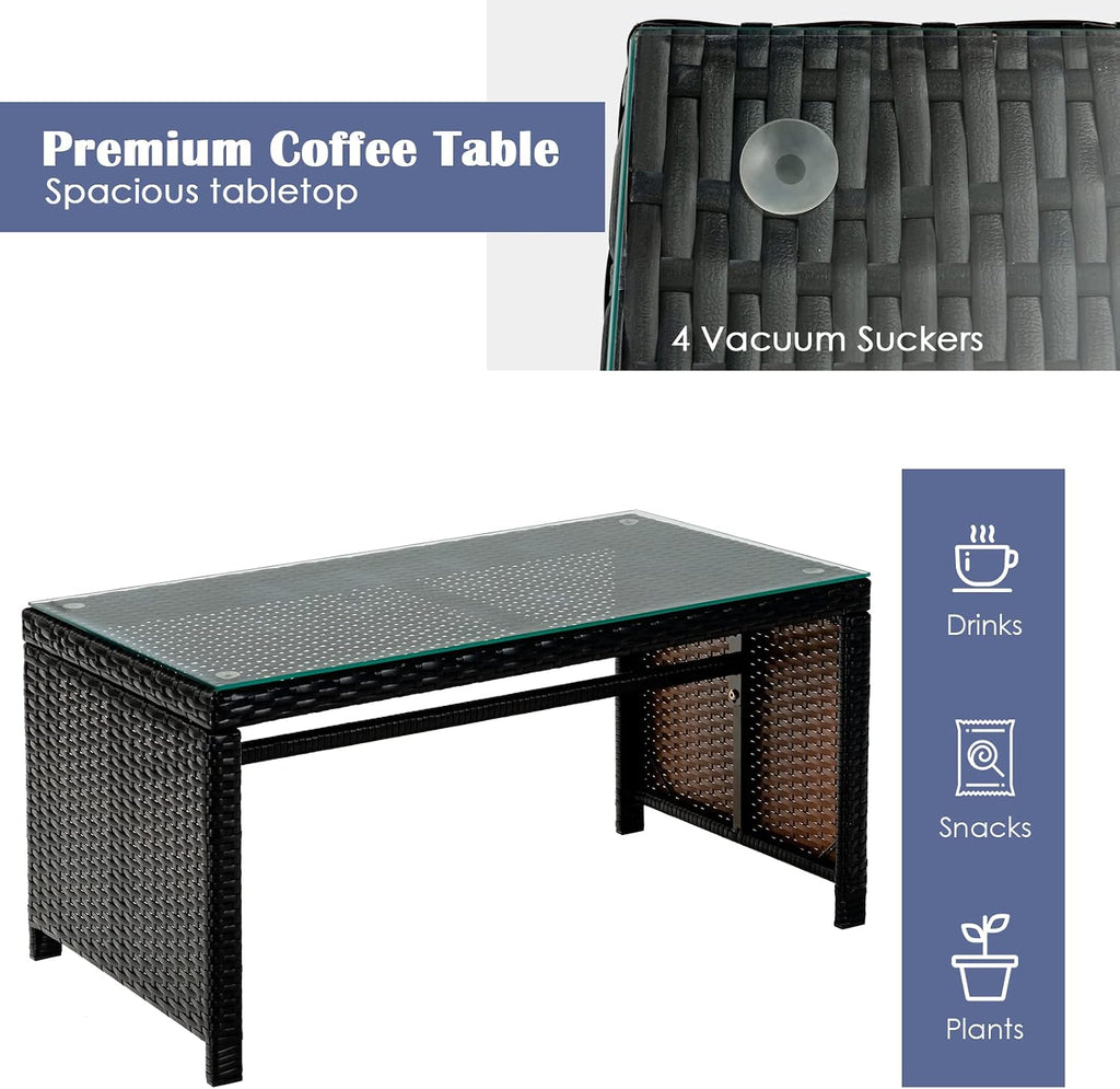 Tangkula 4 Pieces Rattan Furniture Set, Outdoor Conversation Set w/Chair & Loveseat & Tempered Glass Coffee Table, Suitable for Garden, Backyard, Poolside, Patio Furniture Set for 4 (1, Blue)