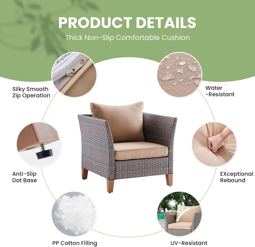 Soohow 5-Piece Patio Furniture Set, Thickened Rattan Sectional Outdoor Sofa with Glass Top Table, Reclined Backrest and Khaki Cushions