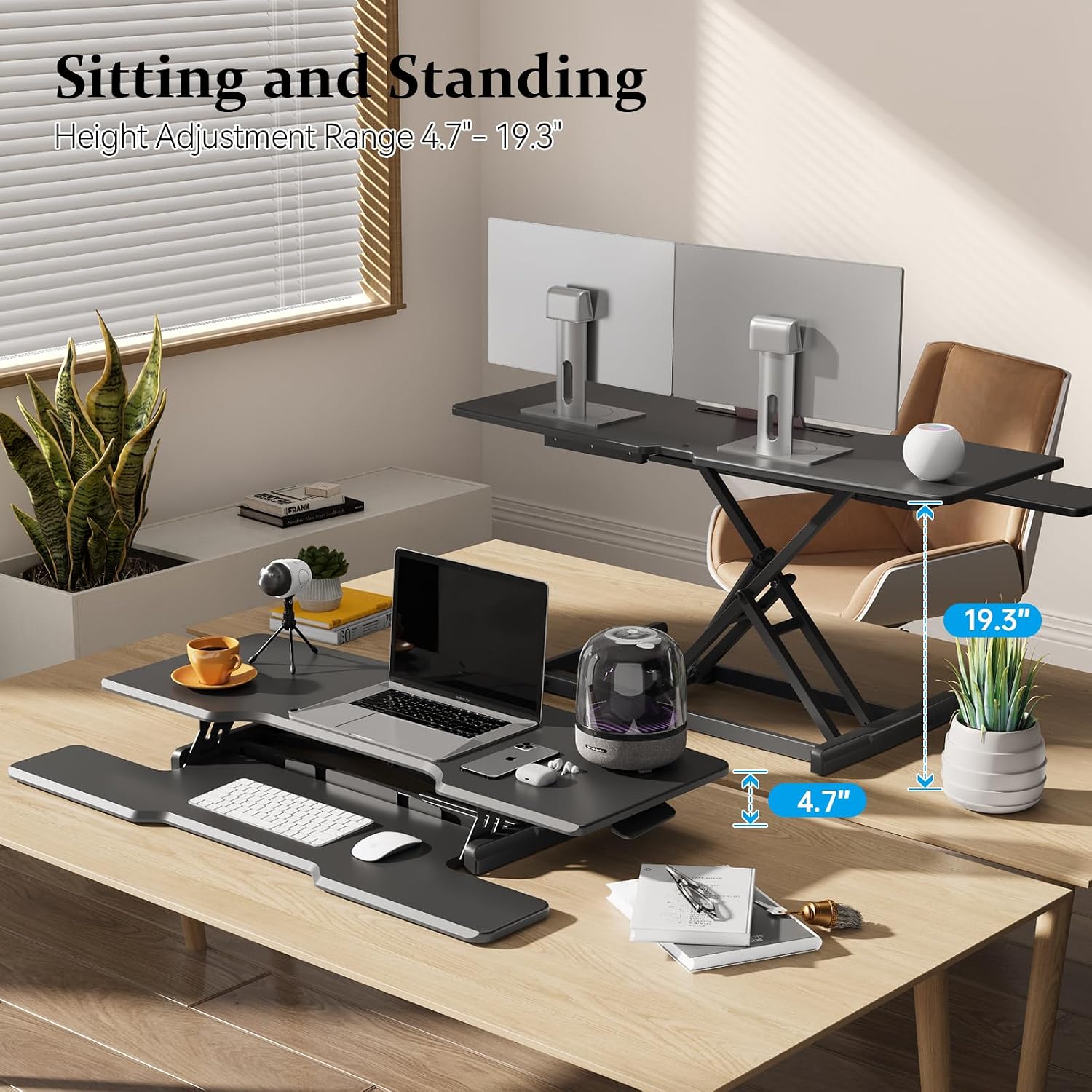 42 inch Standing Desk Converter, Height Adjustable Desktop Standing Desk with Keyboard Tray for Two Monitors, Sit to Stand up Desk Riser Computer Workstation for Home Office, Black