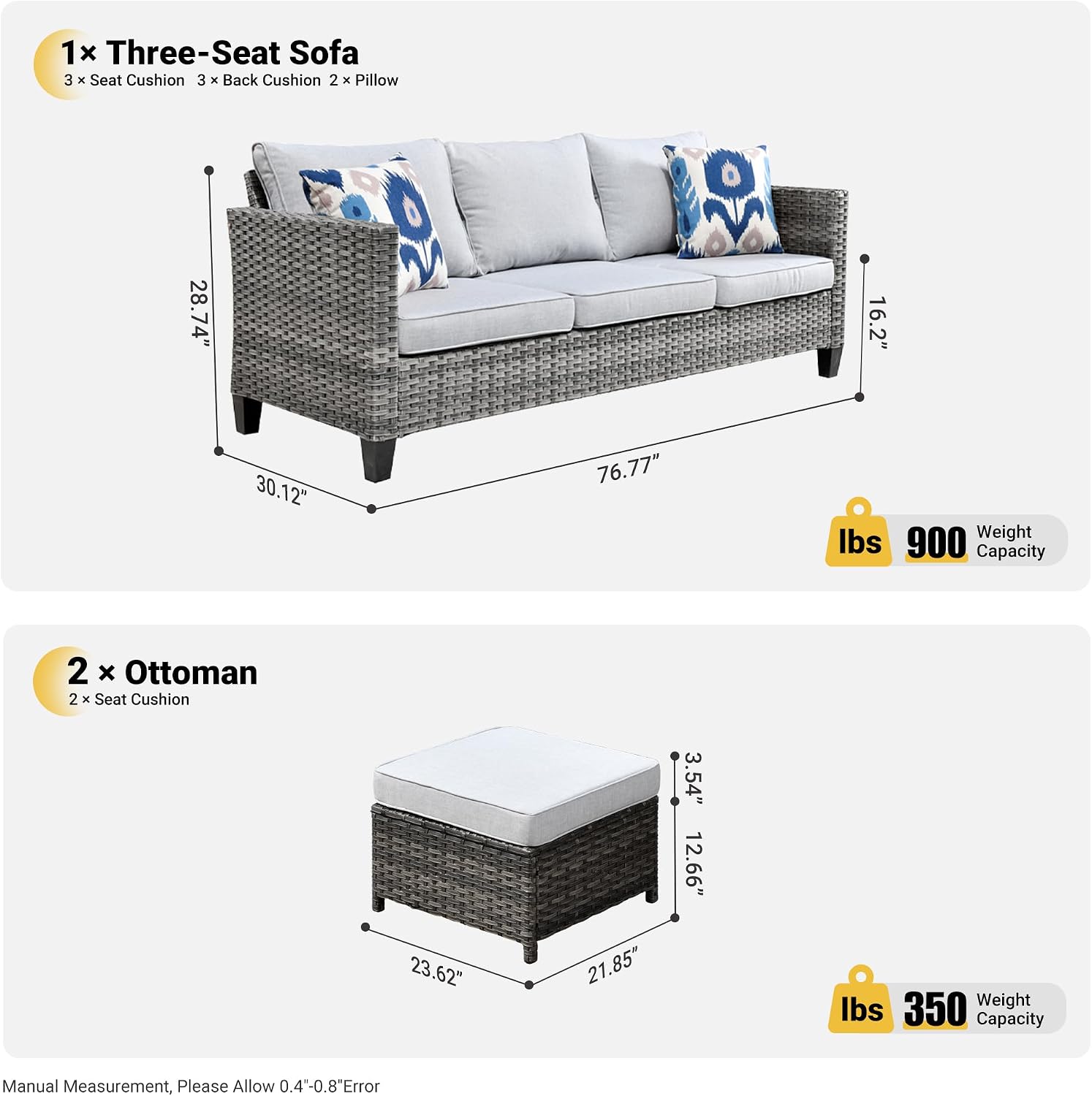 ovios Patio Sofa 3 Pieces Patio Furniture Set Outdoor Wicker Sofa Couch with Ottomans Thick Cushions, All Weather Rattan Conversation Set for Porch Backyard Deck, Grey