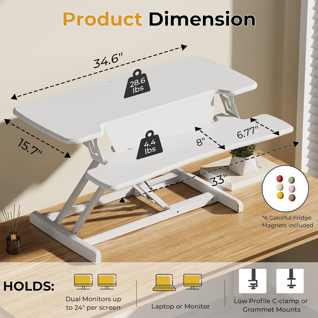 JOY worker Standing Desk Converter, 35' Height Adjustable Sit Stand Up Desk Riser with Keyboard Tray & 6 Fridge Magnets, Desktop Workstation Riser for Home Office Computer Laptop, White