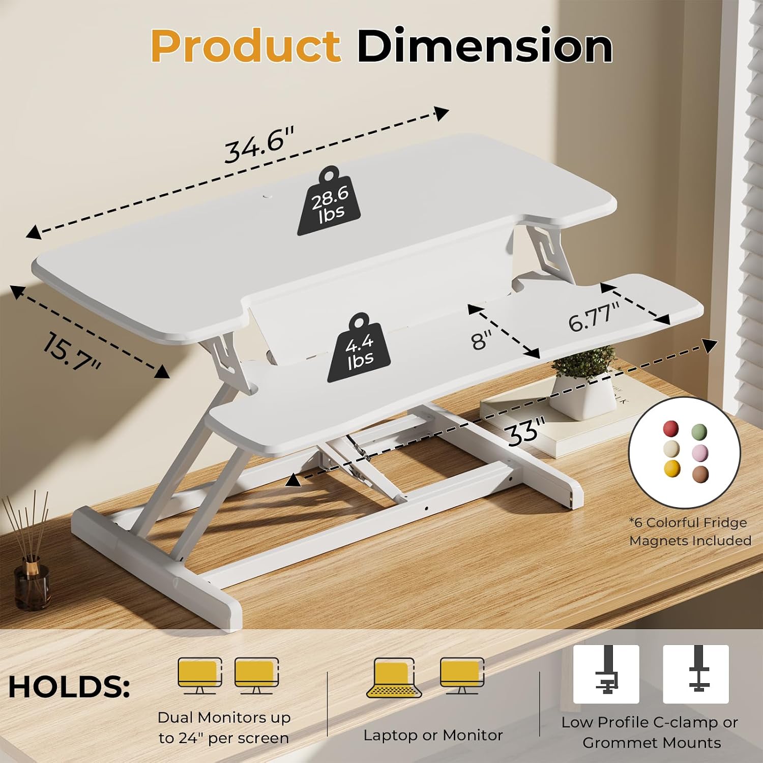 JOY worker Standing Desk Converter, 35' Height Adjustable Sit Stand Up Desk Riser with Keyboard Tray & 6 Fridge Magnets, Desktop Workstation Riser for Home Office Computer Laptop, White