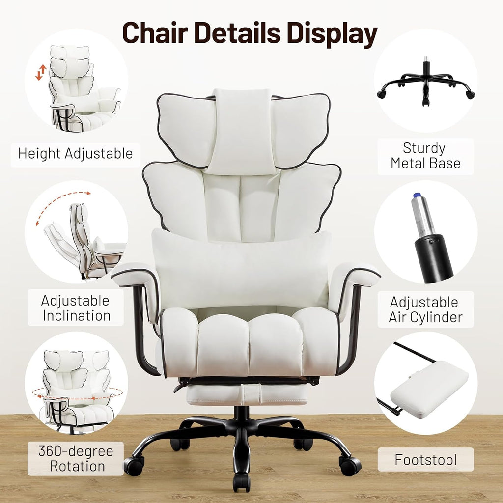 Furniliving Big and Tall Executive Office Chair- Ergonomic, Reclining Desk Chair with Footrest Lumbar Pillow, Height Adjustable Back Leather Chair for Home Office, Pure White