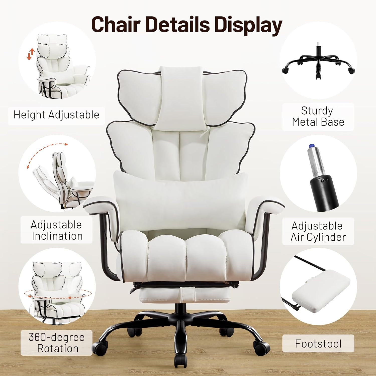 Furniliving Big and Tall Executive Office Chair- Ergonomic, Reclining Desk Chair with Footrest Lumbar Pillow, Height Adjustable Back Leather Chair for Home Office, Pure White