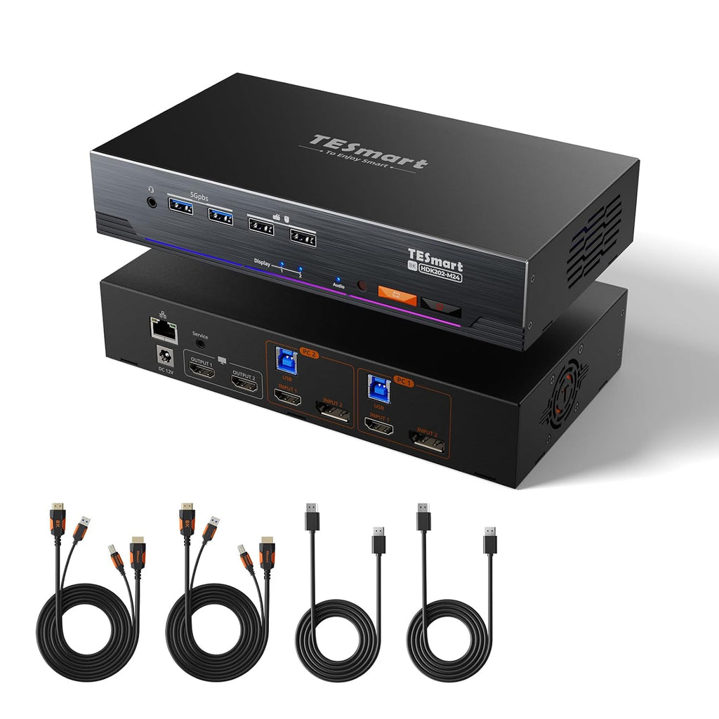 TESmart 4K@144Hz Displayport + HDMI KVM Switch Dual Monitor USB 3.0, HDMI 2.1 & DP 1.4 KVM Switch 2 Monitors 2 Computers 8K@60Hz for Gaming, Support EDID, Gigabit Network, VRR, All Input Cables