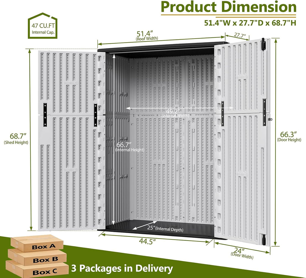 ZZM 57 Cu.ft Outdoor Storage Cabinet with One Tool Kit, Horizontal Storage Shed for Garage, Bike, Garbage Cans, Garden Accessories
