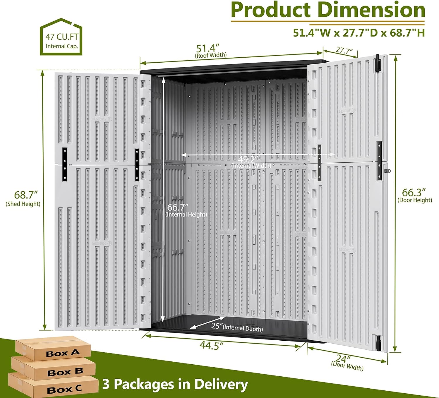 ZZM 57 Cu.ft Outdoor Storage Cabinet with One Tool Kit, Horizontal Storage Shed for Garage, Bike, Garbage Cans, Garden Accessories