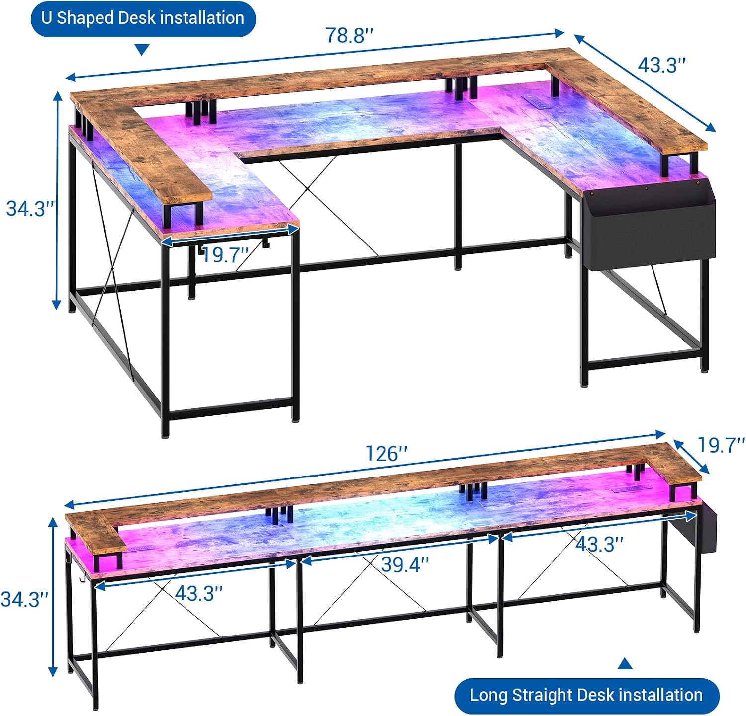 Garvee 79 Inch u Shaped Computer Desk,Large Gaming Desk with Power Outlets & LED Lights,Reversible l Shaped Desk for Home Office Work and Gaming,Rustic Brown