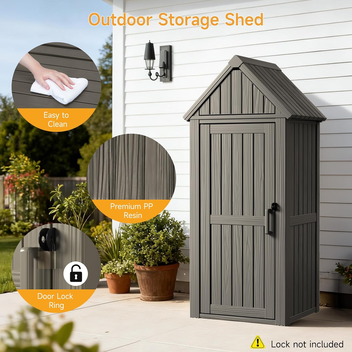 Outdoor Resin Storage Shed, Outdoor Storage Cabinet Waterproof with Hooks and Lock Ring, Multifunctional Storage Shed with Floor and Removable Shelves, All Weather Tool Shed for Patio, Lawn, Brown