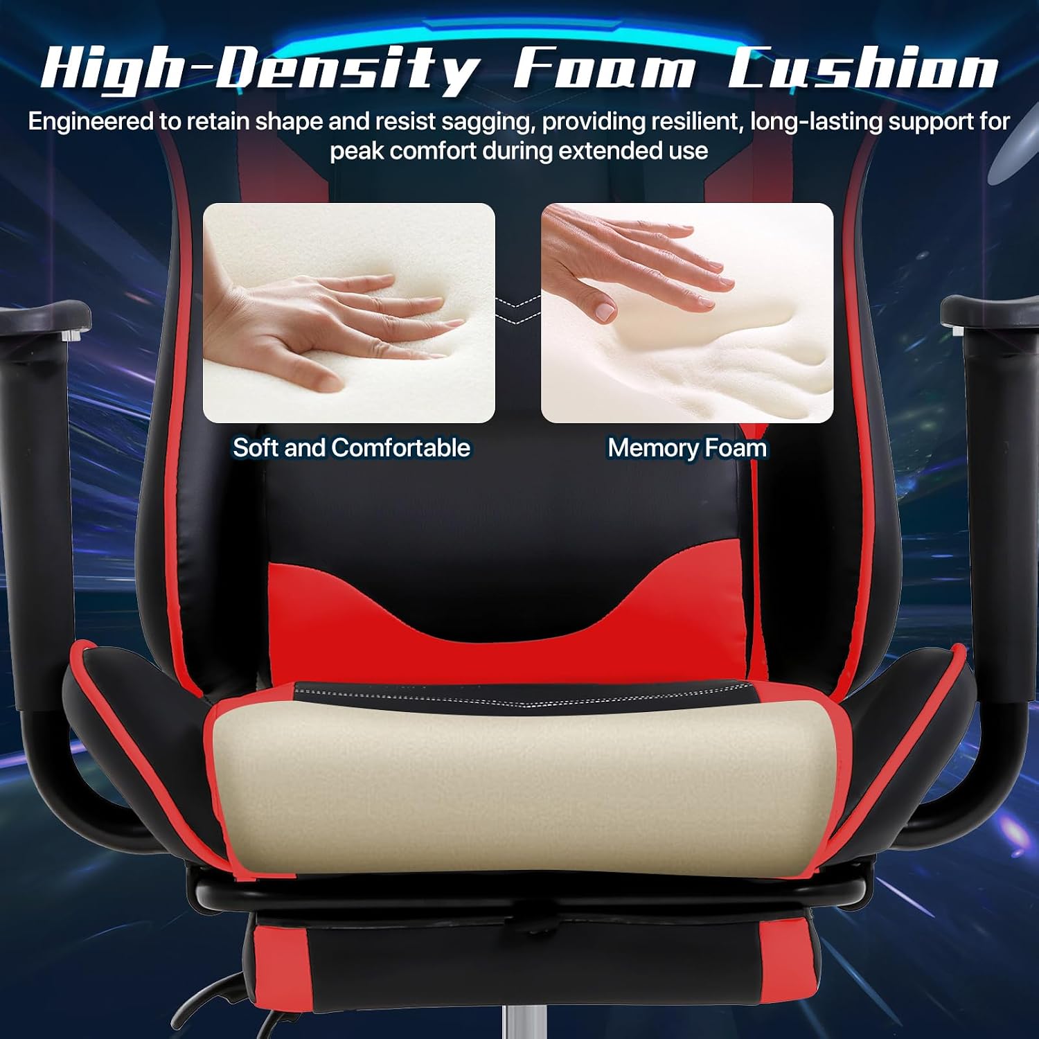 Ergonomic Gaming Chair with Footrest, High Back PU Leather Office Desk Chair for Adults Teens, Rolling Swivel Computer Chair (Red)