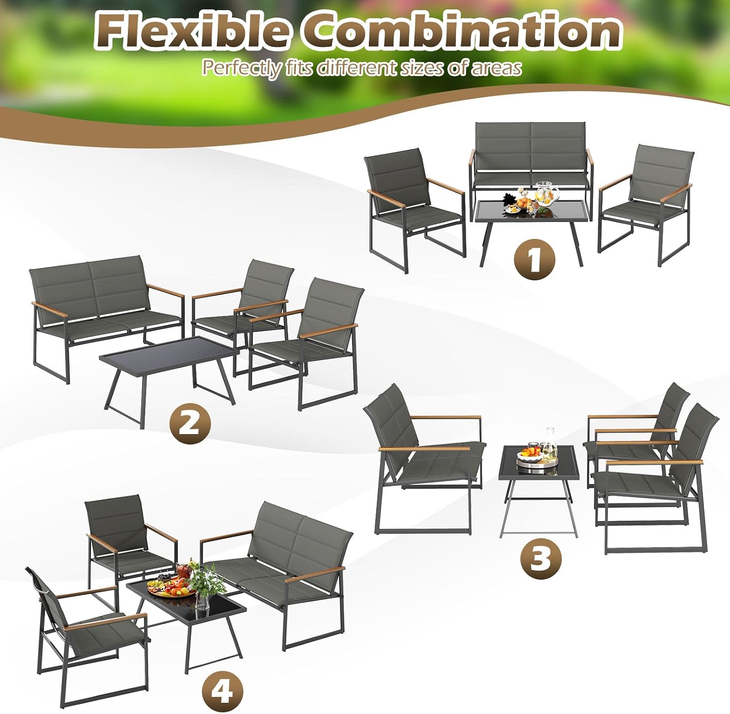Tangkula 4 Piece Patio Furniture Set, Outdoor Metal Conversation Set with Padded Fabric Seat & Wood-Plastic Armrests, Sectional Sofa Set with Tempered Glass Coffee Table for Backyard, Porch (Gray)