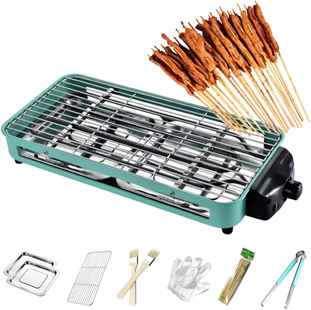 Smokeless Table Grill, Electric BBQ Grill 1500 W for Indoor Outdoor Use, Electric Table Top Griddle, Non-Stick Coating Grill Surface 42.5x20.5 cm, Removable Grease Tray, for Festival Party,Pink(Green)