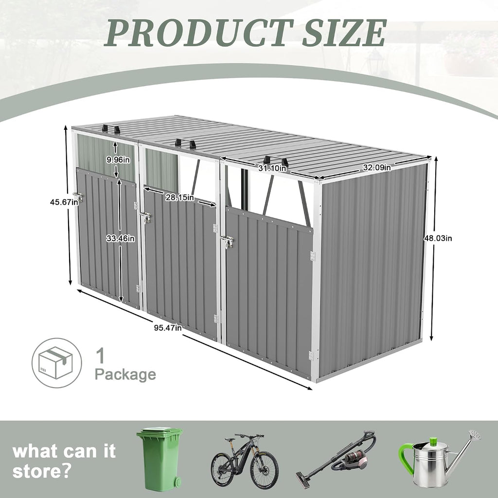 120 Cu.Ft Large Outdoor Trash Can Storage Shed for 3 Bins, Metal Garbage Can Enclosure, Waterproof Outdoor Trash Storage Cabinet & Small Generator Shed for Garden & Yard (Light Gray)