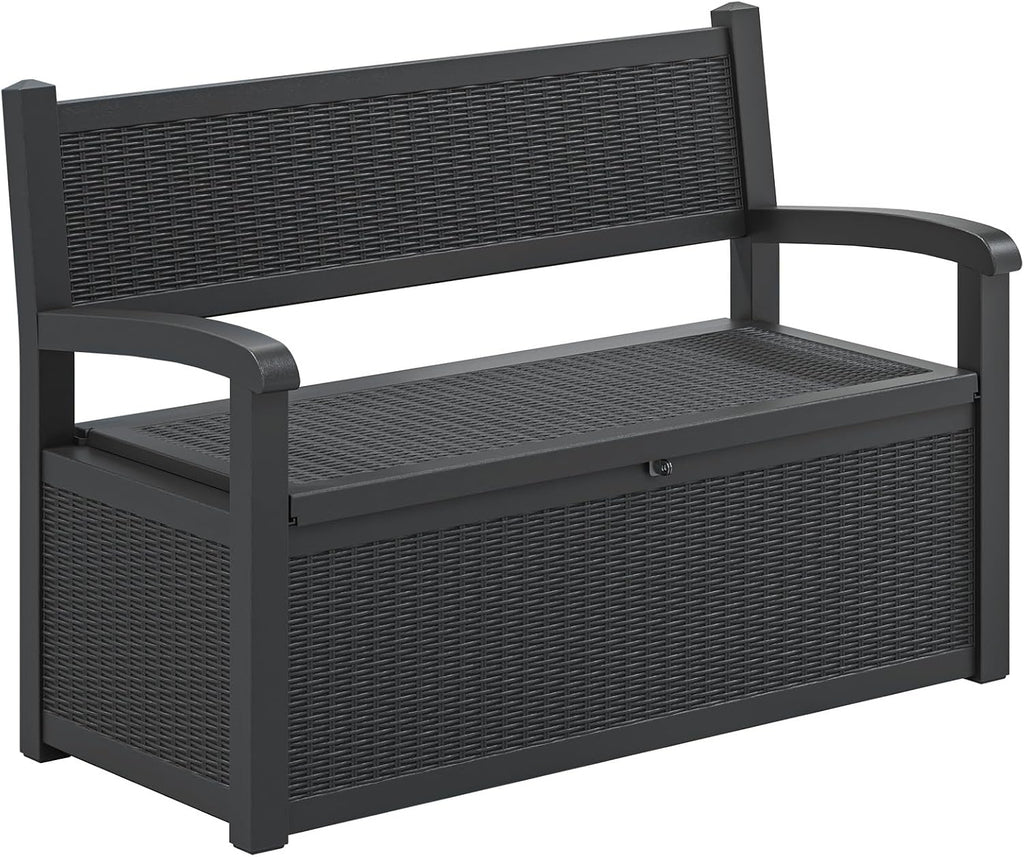 LHBcraft 70 Gallon Deck Bench with Storage,Outdoor Storage Box Bench Waterproof&Lockable, Resin Patio Furniture with Armrest for Patio, Porch, Garden,Black