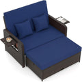Tangkula Patio Rattan Daybed with 4-Level Adjustable Backrest, Outdoor PE Wicker Loveseat with Storage Ottoman & Folding Side Tray, Double Sunbed Lounger for Balcony, Backyard & Poolside, Navy & Brown
