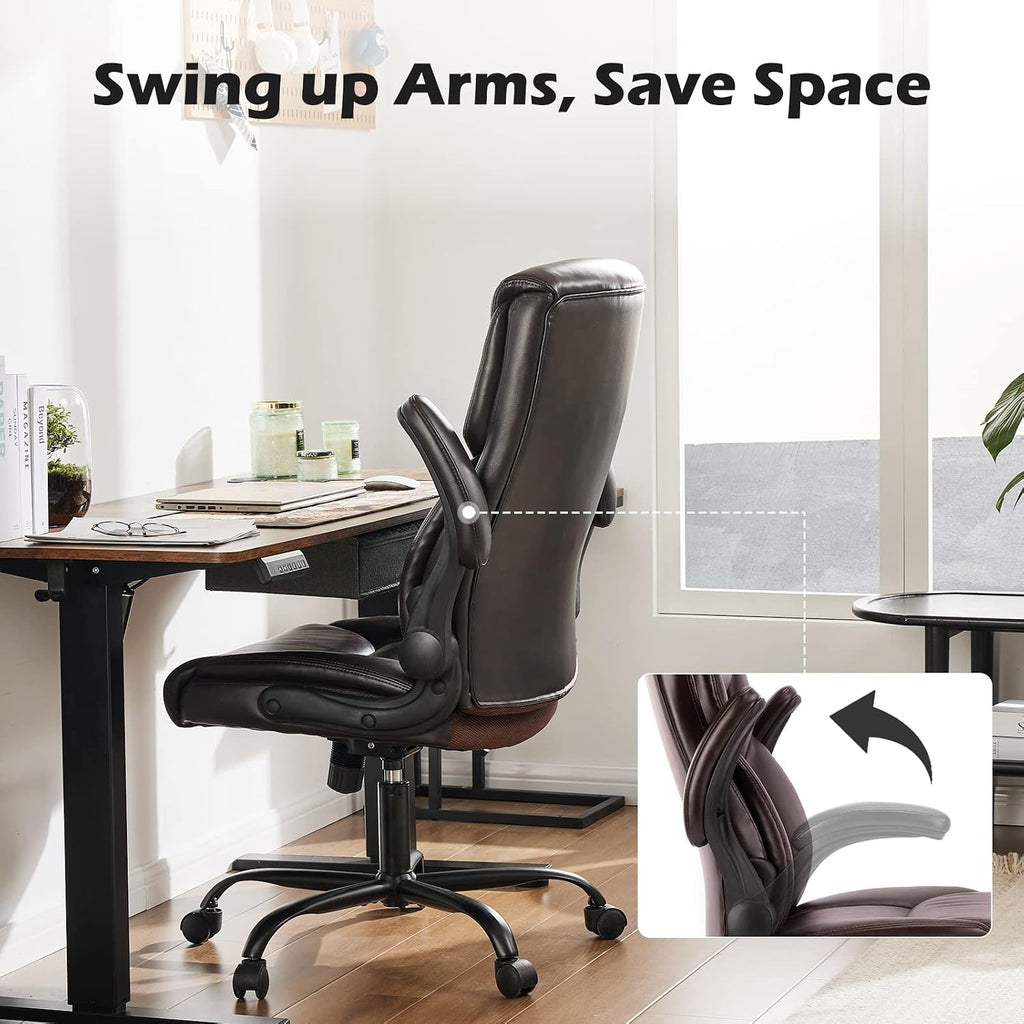 DUMOS Office Chair Set of 2 - Ergonomic Executive Computer Desk Chairs with Adjustable Flip-up Armrest, Swivel Task Chair with Lumbar Support, Strong Metal Base, PU Leather, Brown