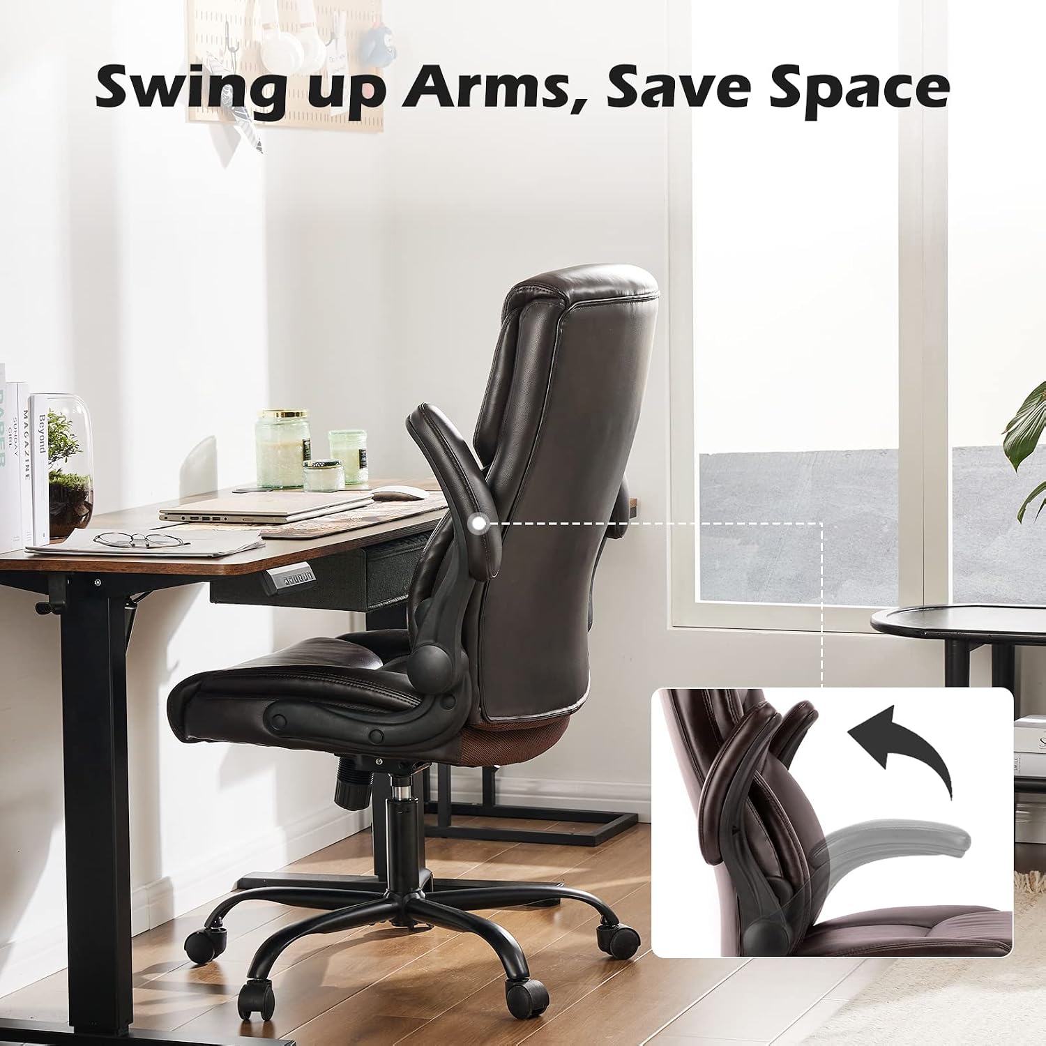 DUMOS Office Chair Set of 2 - Ergonomic Executive Computer Desk Chairs with Adjustable Flip-up Armrest, Swivel Task Chair with Lumbar Support, Strong Metal Base, PU Leather, Brown
