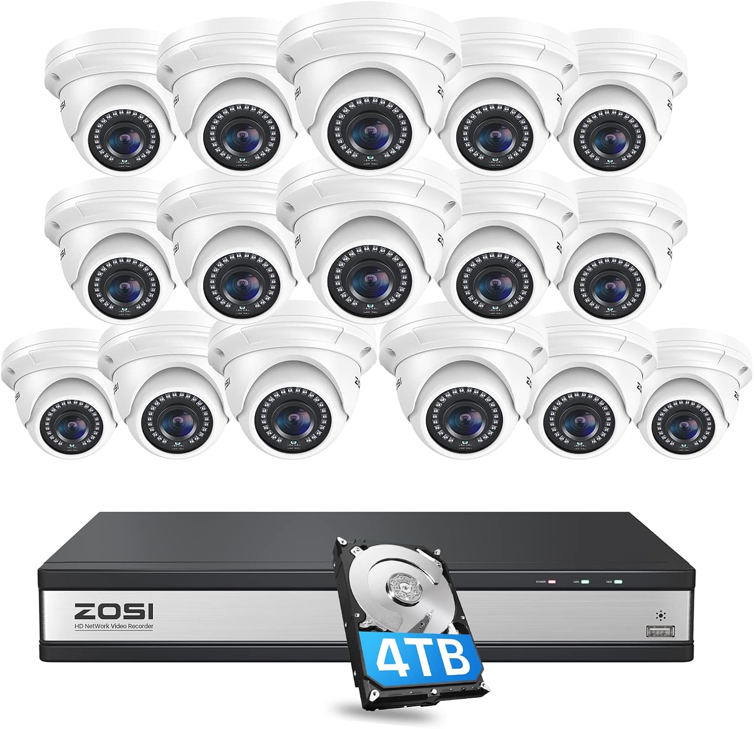 ZOSI 16Channel 4K POE Security Camera System, 16 x 5MP CCTV Metal Dome Camera Outdoor Indoor, 80FT Night Vision, Motion Alert, H.265+ 8MP 16CH NVR with 4TB HDD for Home Business 24/7 Recording