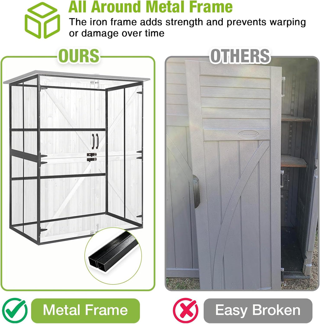 GUTINNEEN Outdoor Storage Cabinet Durable Metal Frame and Solid Wood Vertical Tool Shed with 3 Adjustable Height Shelves and Bottom Floor for Patio, Garden, Backyard, 55' L x 29' W x 67' H